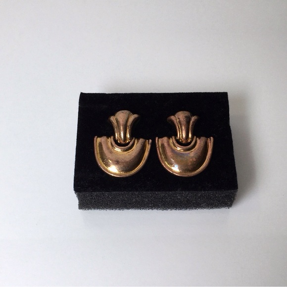 Vintage Bronze Copper Modernist Door Knocker Earrings 3/4” X 1” - Picture 7 of 7